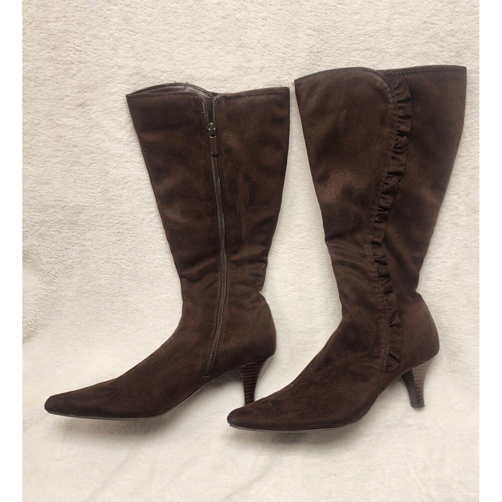 Impo Stretch Brown Ruffle Knee High Zipper Side Dress Boots Women's 7